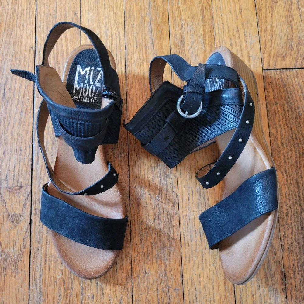 Miz Mooz 9 Farley Black Leather Studded Ankle Wrap Wedge Sandals 40 Caged Summer